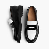 Women's Penny Black & White Leather Loafers - Reinforced Heel Counter & Precision Double-Row Stitching Detail