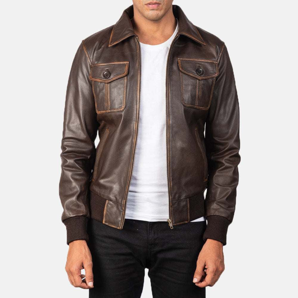 Men's Aaron Distressed Brown Leather Bomber Jacket in Brown Goatskin Leather - Front Profile View &amp; Tailored Silhouette | Buy Online