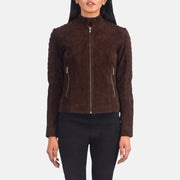 Women's Adalyn Quilted Mocha Suede Biker Jacket in Mocha Brown Goatskin Suede - Front Profile View &amp; Tailored Silhouette | Buy Online