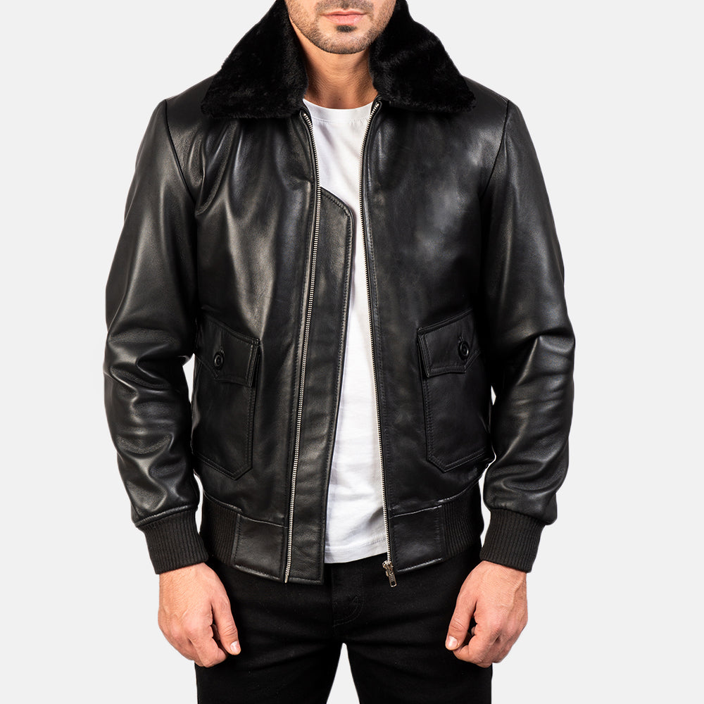 
Airin G-1 Черный Кожаный бомбер для Мужчин in Black Sheepskin Leather - Вид спереди и приталенный силуэт | Купить в официальном онлайн-магазине