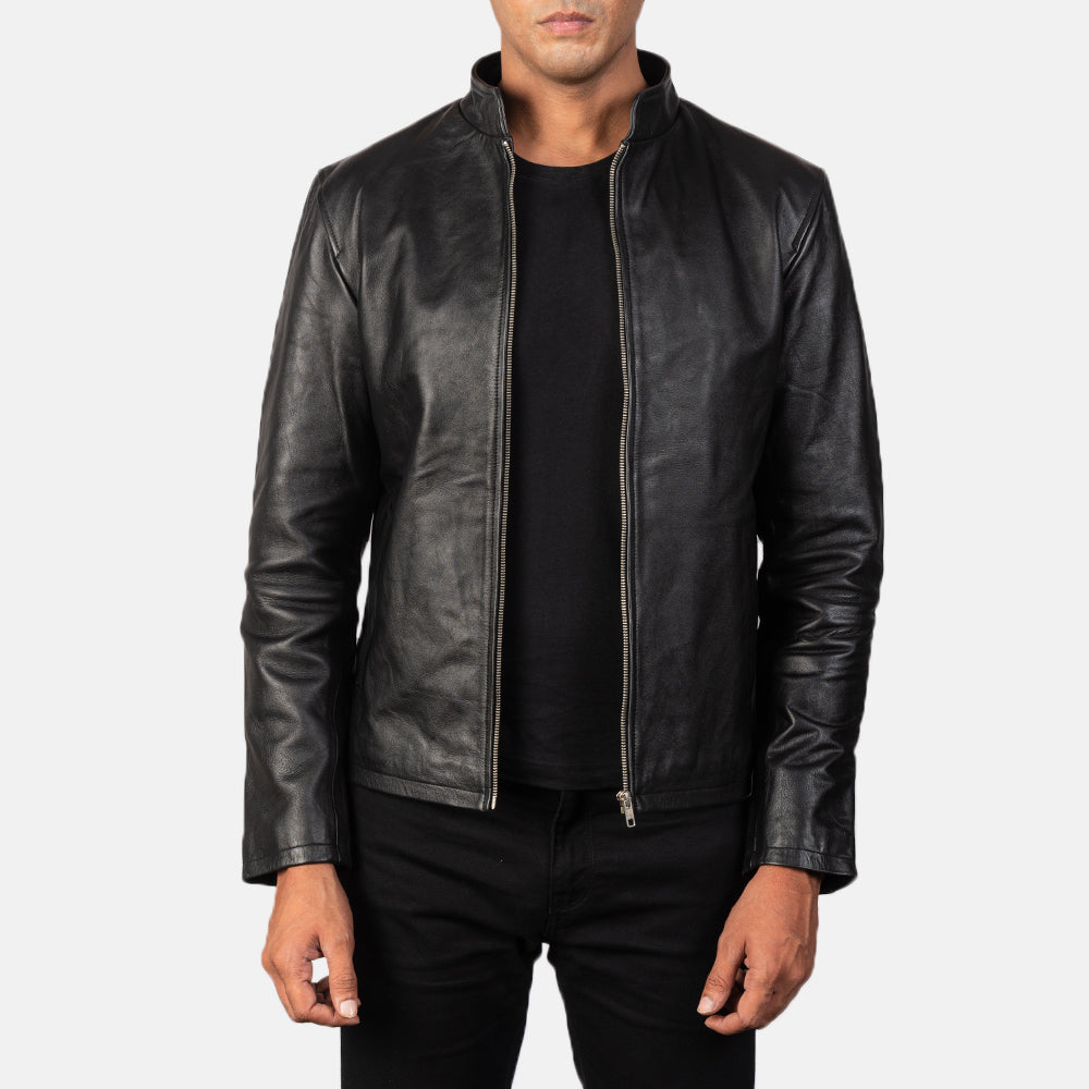 Alex Black Leather Biker Jacket in Black Cowhide Leather - Вид спереди и приталенный силуэт | Купить онлайн