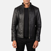 Alex Black Leather Biker Jacket in Black Cowhide Leather - Вид спереди и приталенный силуэт | Купить онлайн