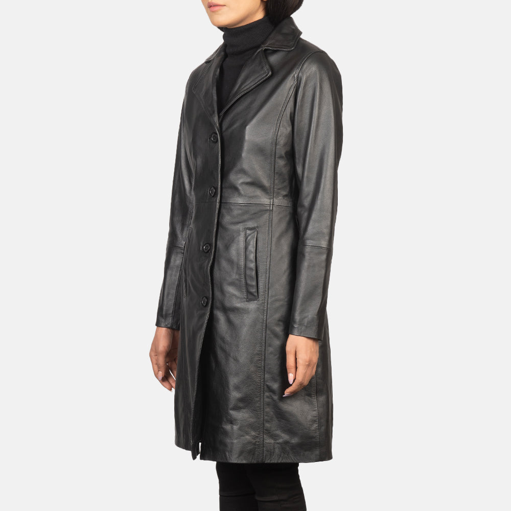 Women's Alexis Black Single Breasted Leather Coat - Lateral Side Profile View Showing Sleeve Cut &amp; Athletic Taper Fit