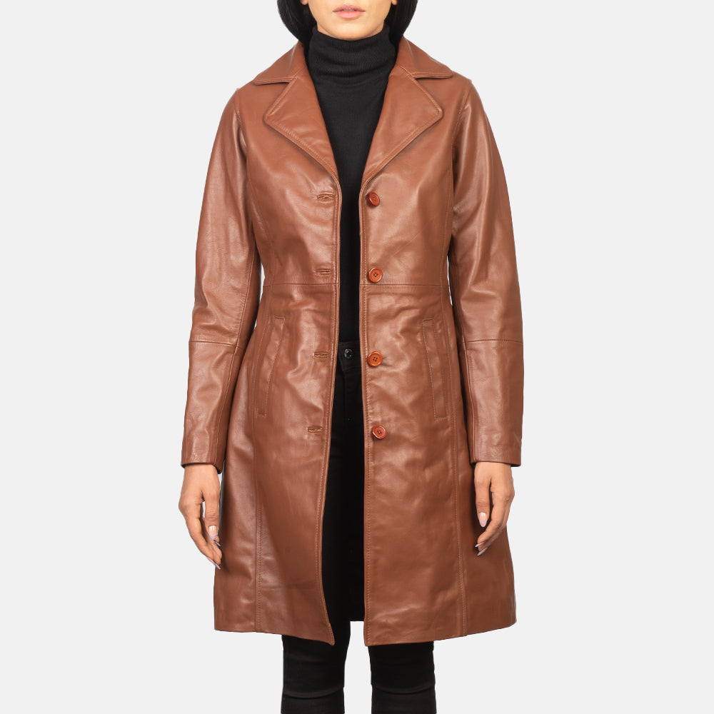 
Alexis Коричневый Single Breasted Кожаное пальто для Женщин in Brown Cowhide Leather - Вид спереди и приталенный силуэт | Купить в официальном онлайн-магазине