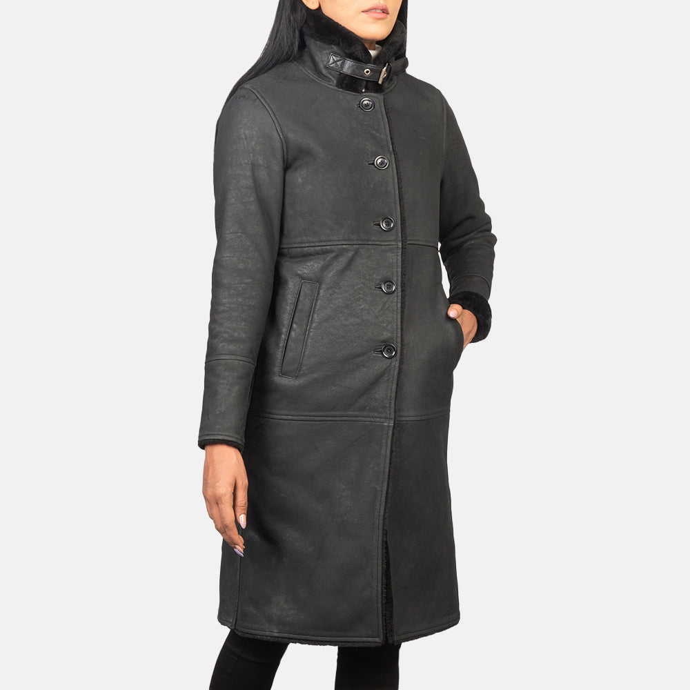 Distressed Black Sheepskin Leather Aviator Jacket - Back View Showing Tailored Shoulder Fit &amp; Clean Hemline