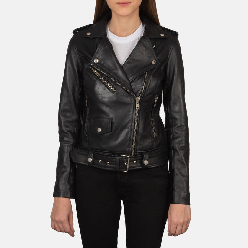 Women's Alison Black Leather Biker Jacket in Black Cowhide Leather - Front Profile View & Tailored Silhouette | Buy Online