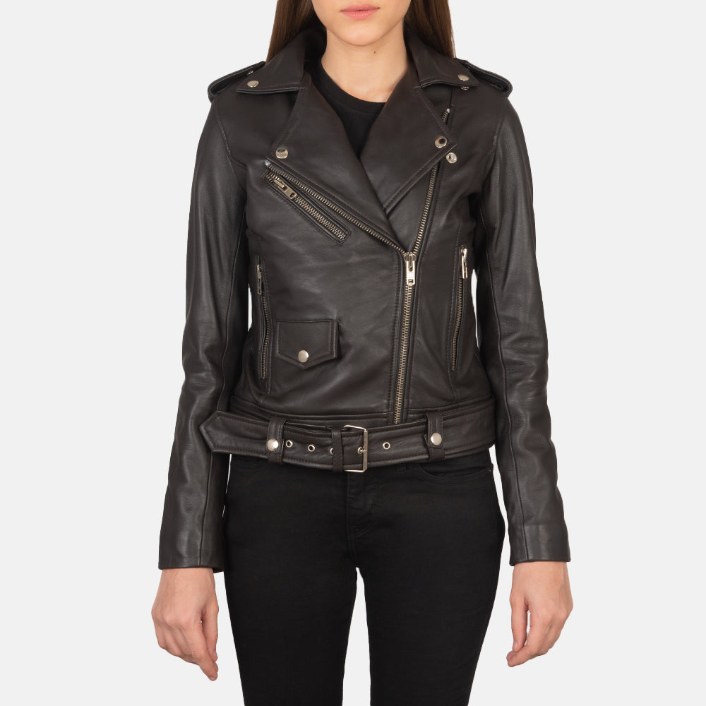 Close-Up Detail of Notch &amp; Zipper Hardware on Women's Alison Brown Leather Biker Jacket