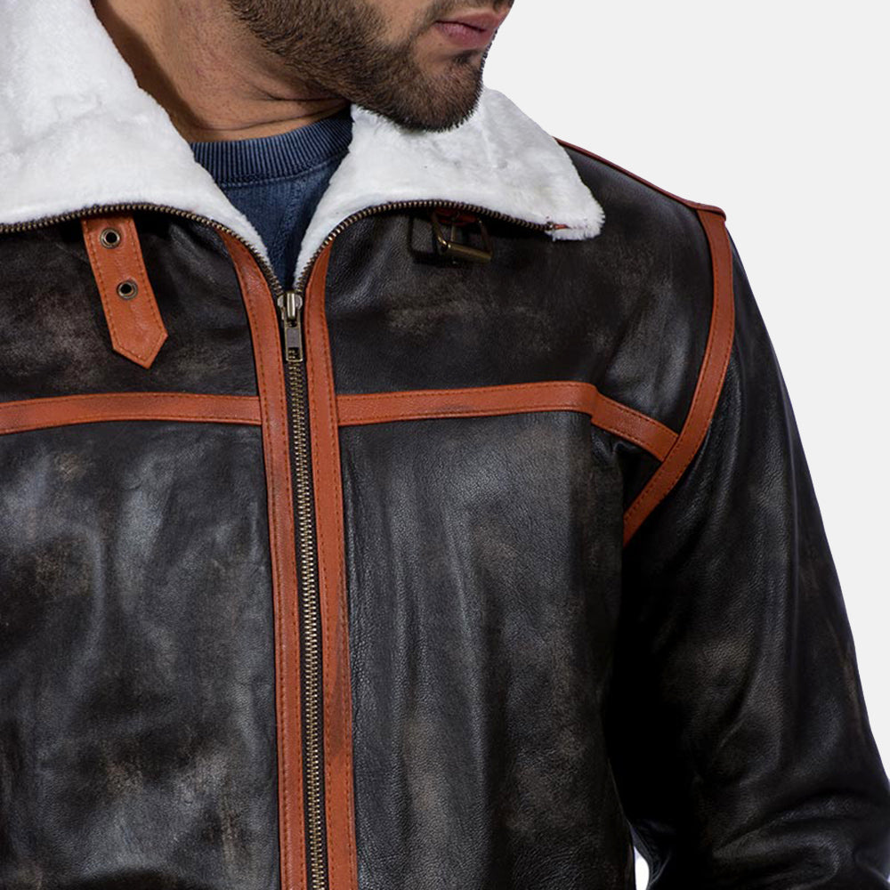 Men's Alpine Brown Fur Leather Jacket - Lateral Side Profile View Showing Sleeve Cut &amp; Athletic Taper Fit