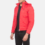 
Red Nylon Winter Jacket - Вид сзади, подчеркивающий посадку по плечам и ровный край