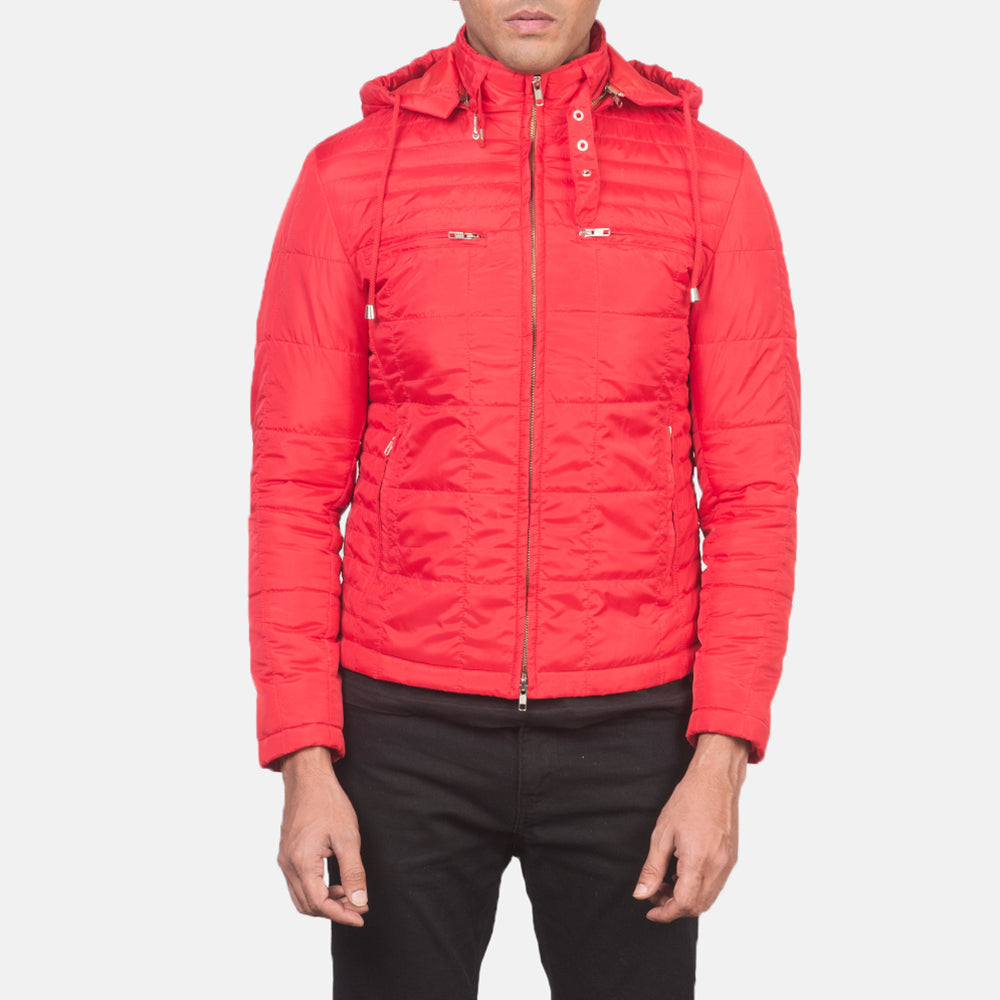 
Крупный план деталей of High neck with Belt & Zipper Hardware on Alps Quilted Red Windbreaker Jacket