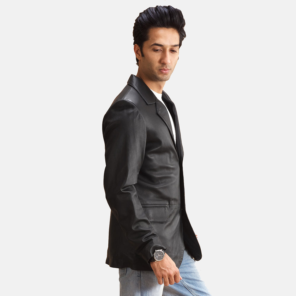 Black Sheepskin leather Blazer - Back View Showing Tailored Shoulder Fit &amp; Clean Hemline