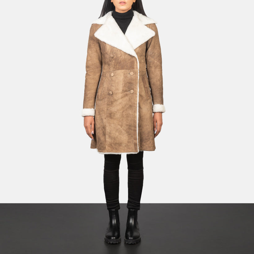 Amie Distressed Коричневая Double-Breasted Shearling Кожаное пальто женская