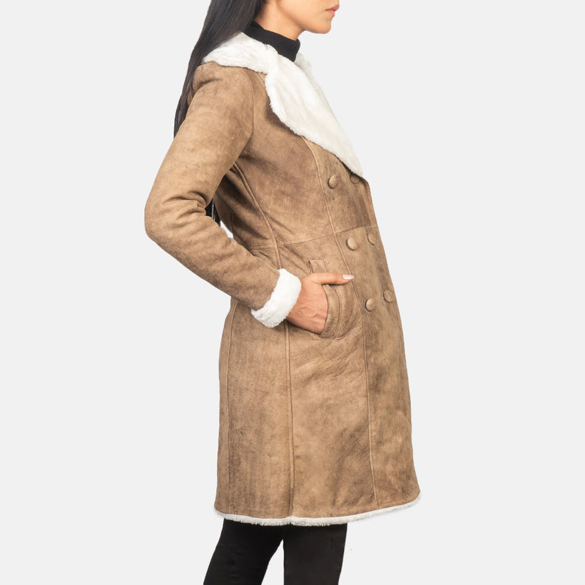 Amie Distressed Коричневая Double-Breasted Shearling Кожаное пальто женская
