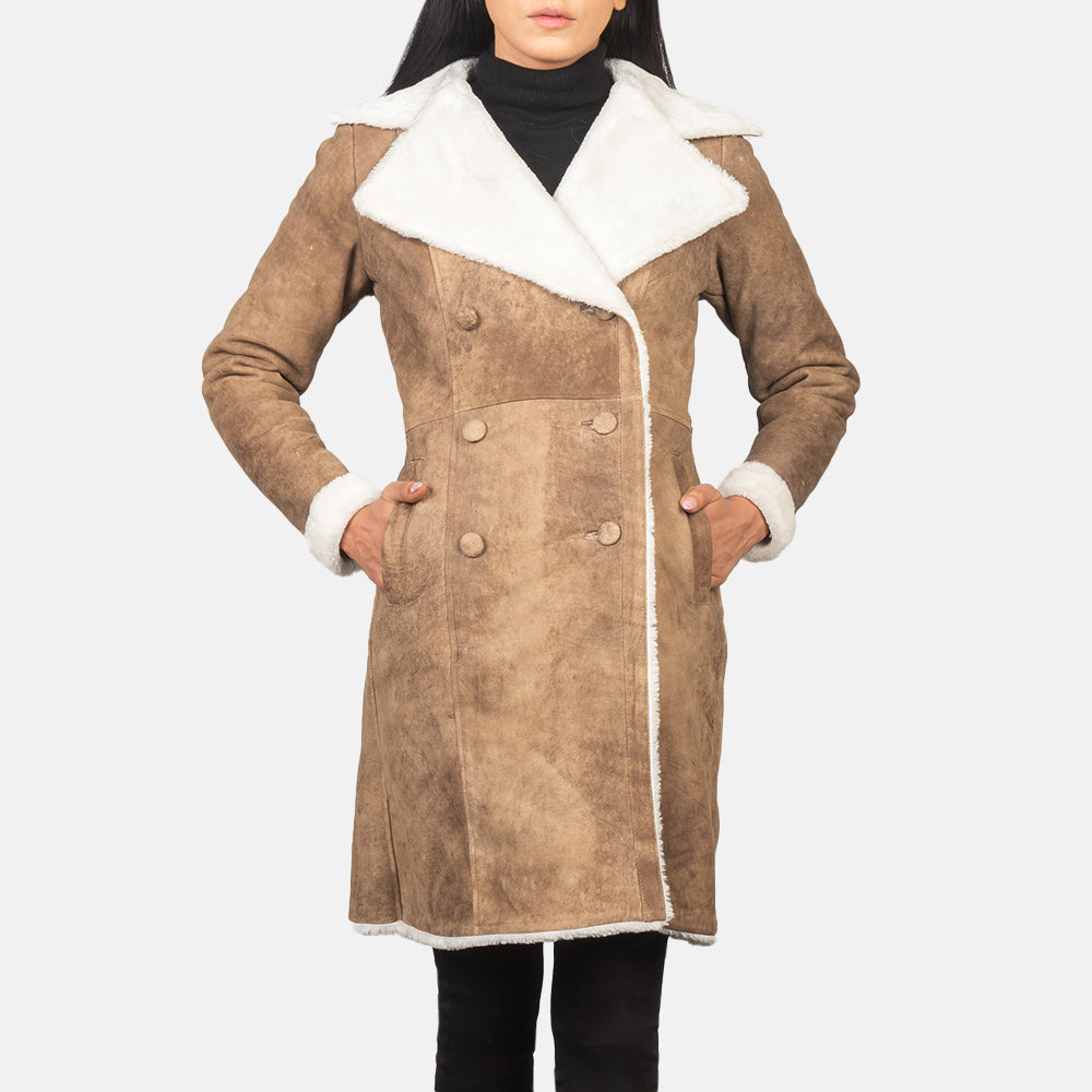Women's Amie Distressed Brown Double Breasted Shearling Coat - Lateral Side Profile View Showing Sleeve Cut &amp; Athletic Taper Fit