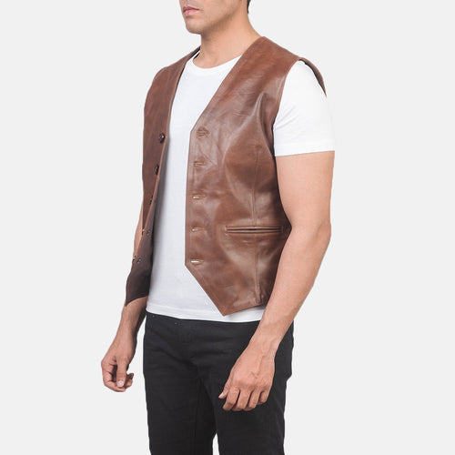 Brown Cowhide leather Vest - Back View Showing Tailored Shoulder Fit & Clean Hemline