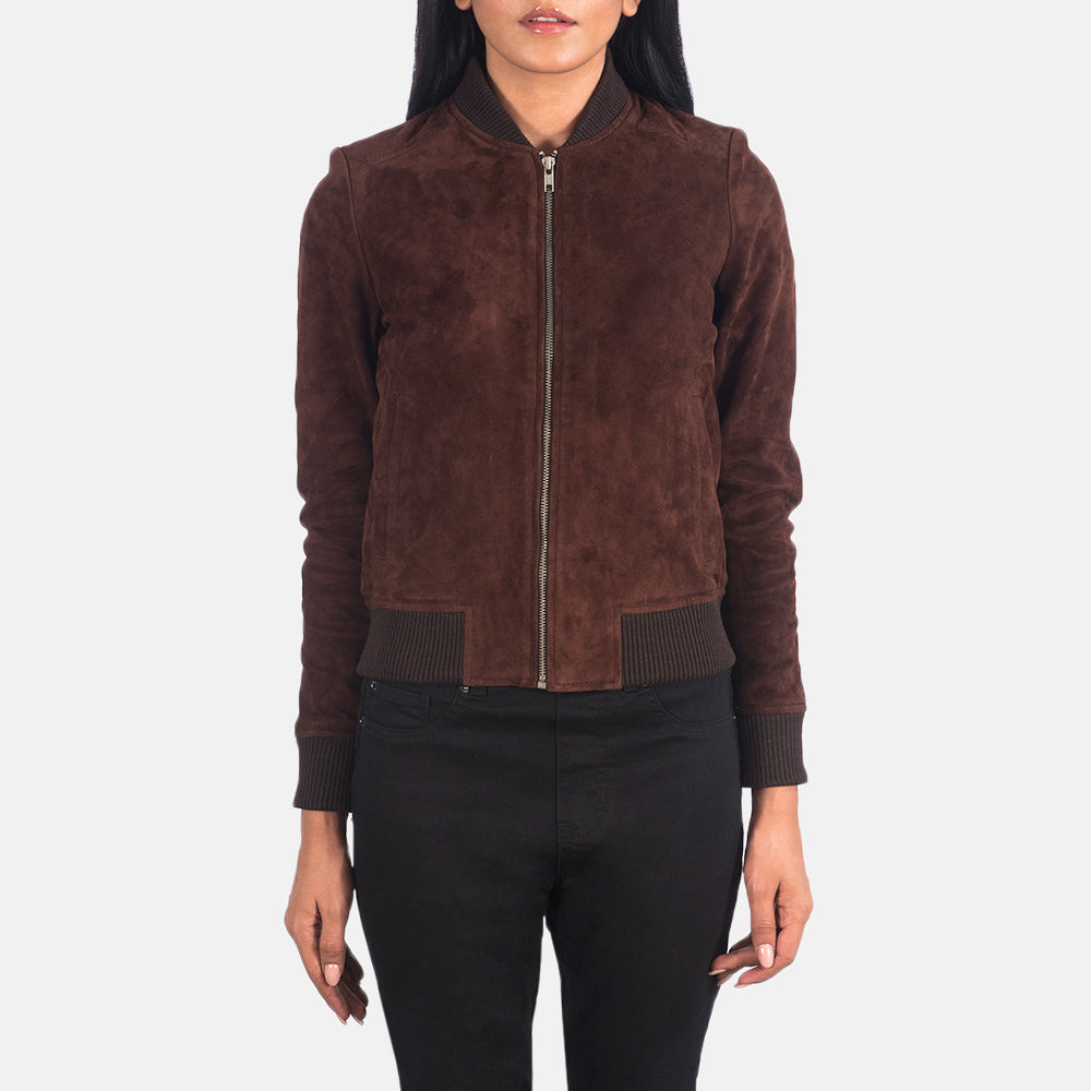 
Bliss Коричневый Suede Кожаный бомбер для Женщин - Rib Knit & Zipper with Wind Flap Hardware on Women's Bliss Brown Suede Bomber Jacket