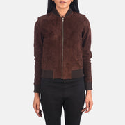 
Bliss Коричневый Suede Кожаный бомбер для Женщин - Rib Knit & Zipper with Wind Flap Hardware on Women's Bliss Brown Suede Bomber Jacket