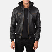 
Bouncer Biz Black Leather Hooded Bomber Jacket in Black Cowhide Leather - Вид спереди и приталенный силуэт | Купить в официальном онлайн-магазине