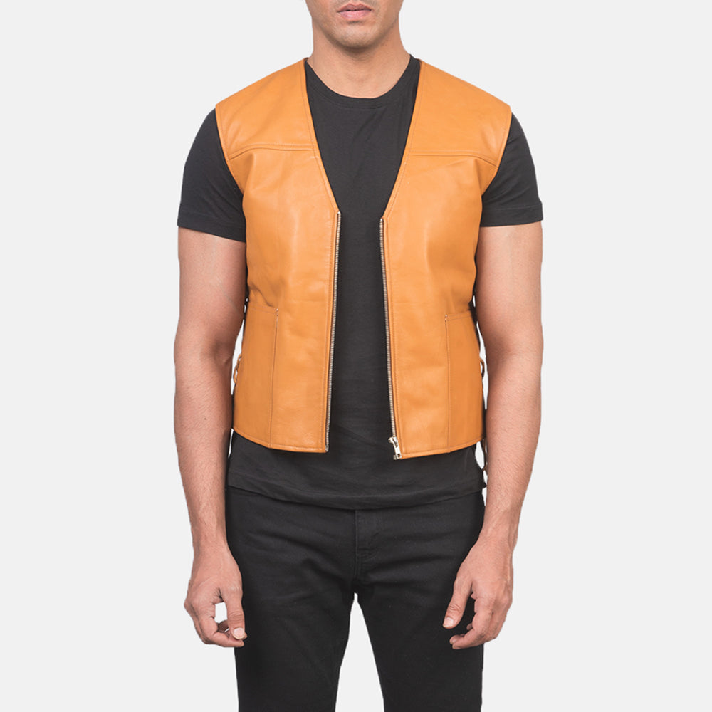 Men's Brandon Tan Brown Leather Vest in Tan Brown Sheepskin Leather - Front Profile View &amp; Tailored Silhouette | Buy Online