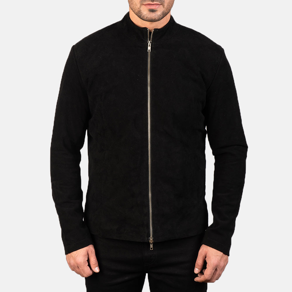 
Крупный план деталей of Mandarin & Zipper with Dual Puller Hardware on Charcoal Черный Suede Кожаная куртка-косуха для Мужчин