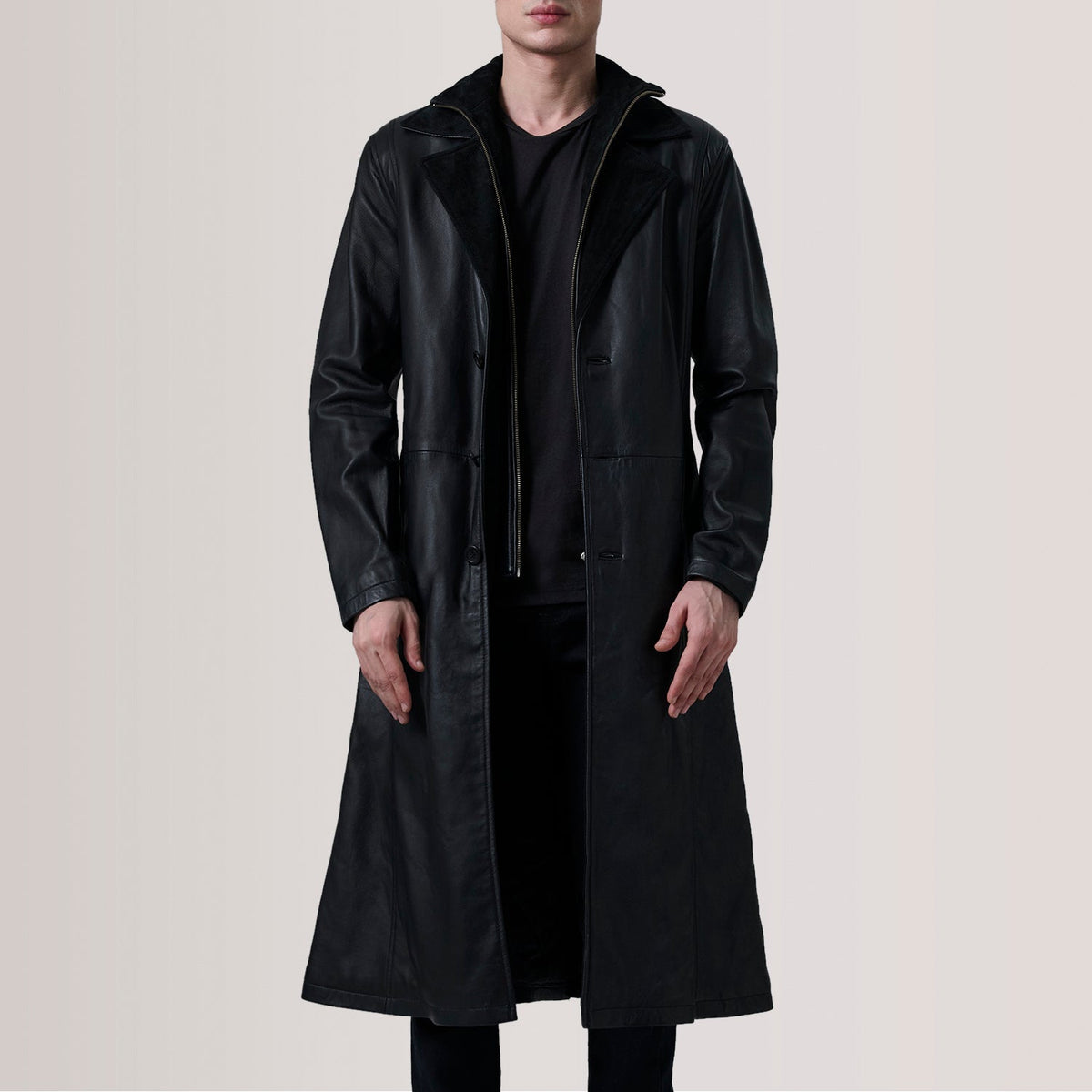 Charlton Black Leather Single Breasted Coat For Men in Black Sheepskin Leather - Front Profile View &amp; Tailored Silhouette | Buy Online