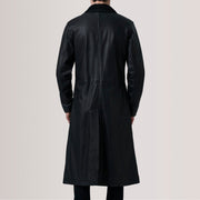 Close-Up Detail of Notch &amp; Button Hardware on Charlton Black Leather Single Breasted Coat For Men