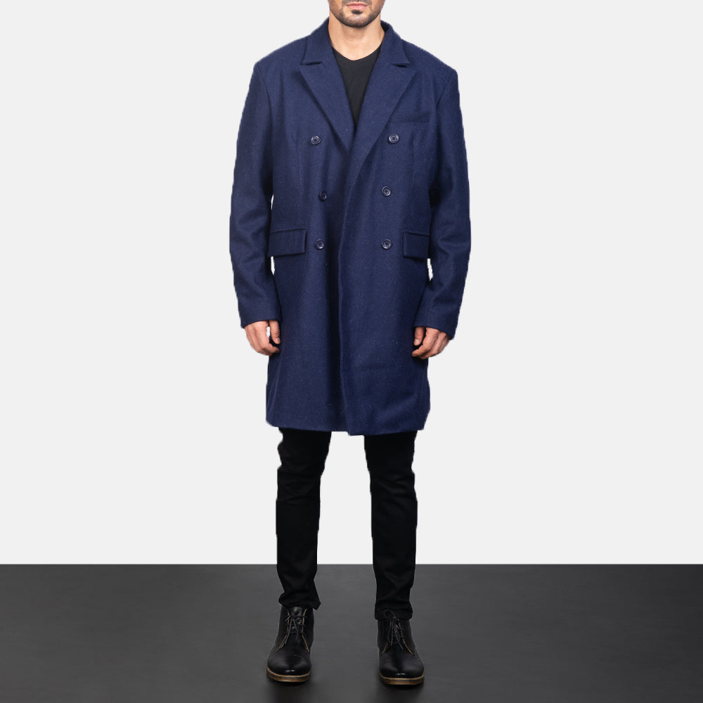
Blue Wool Double Breasted Coat in Navy Blue Synthetic Wool - Вид спереди и приталенный силуэт | Купить в официальном онлайн-магазине