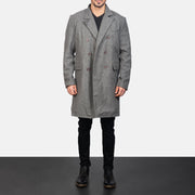 Men's Claud Grey Wool Double Breasted Coat in Grey Synthetic Wool - Front Profile View &amp; Tailored Silhouette | Buy Online