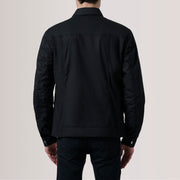 Close-Up Detail of Classic Collar &amp; Snap Button Hardware on Colberto Black Waxed Canvas Trucker Jacket For Men