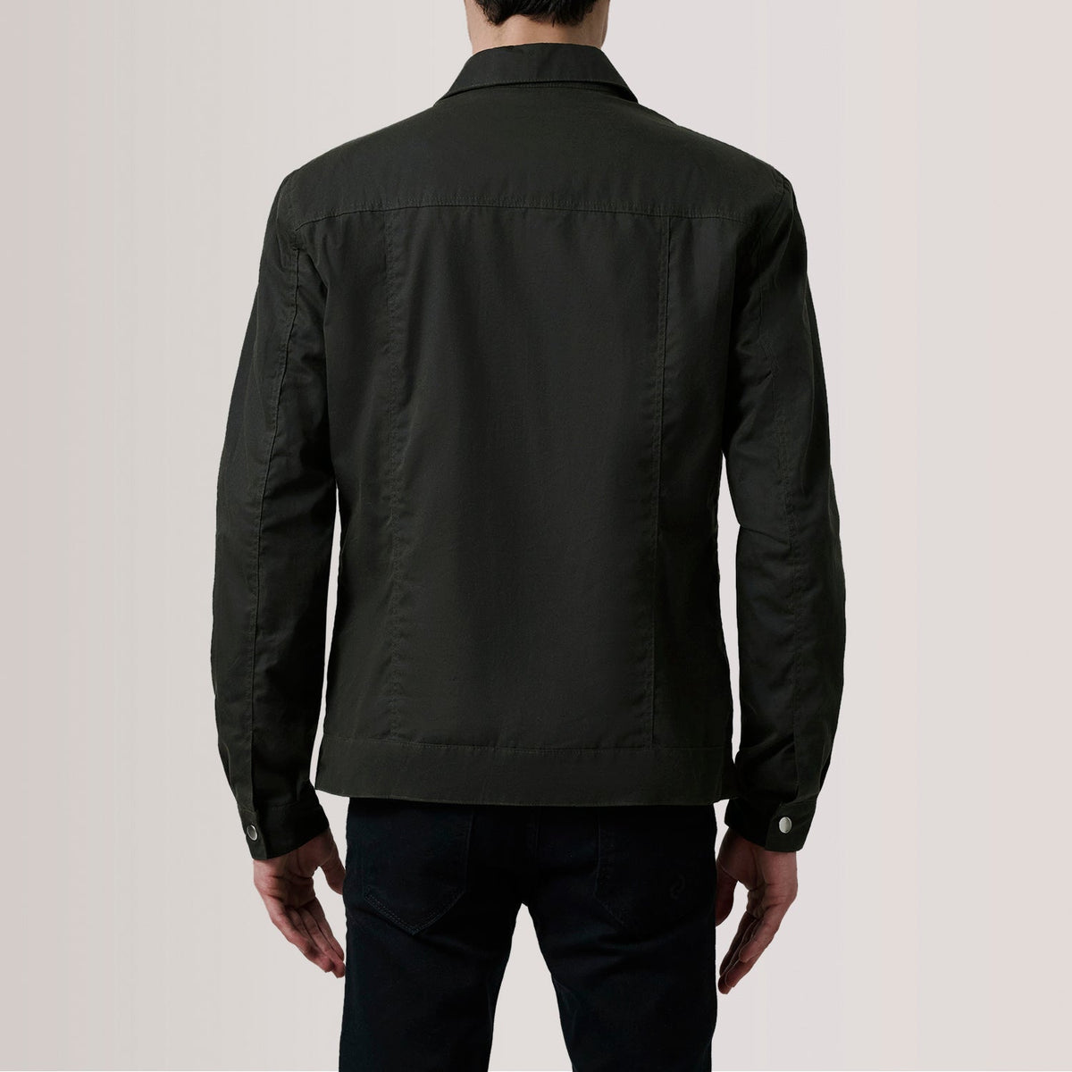 Close-Up Detail of Classic Collar &amp; Snap Button Hardware on Colberto Olive Waxed Canvas Trucker Jacket For Men