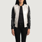Women's Cole Silver Leather Bomber Jacket - Lateral Side Profile View Showing Sleeve Cut &amp; Athletic Taper Fit