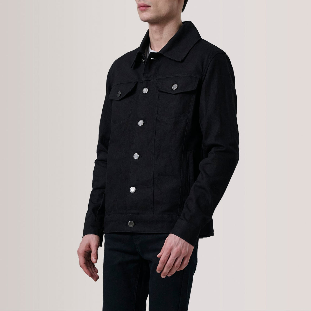 Conard Black Denim Trucker Jacket For Men - Lateral Side Profile View Showing Sleeve Cut &amp; Athletic Taper Fit