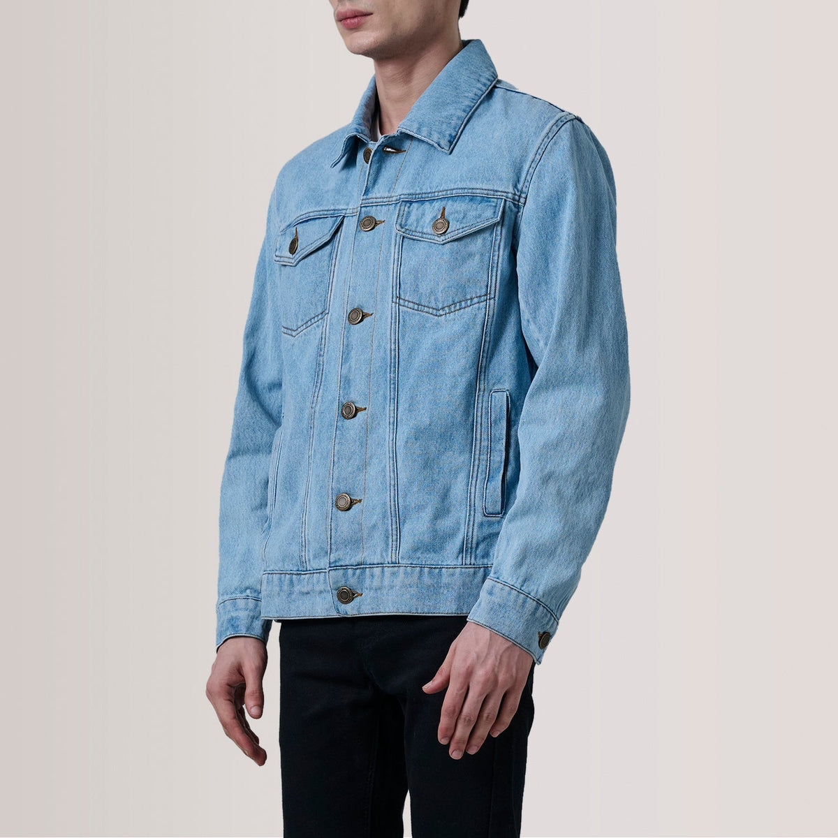 Conard Light Blue Denim Trucker Jacket For Men - Lateral Side Profile View Showing Sleeve Cut &amp; Athletic Taper Fit