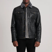 
Dallis Черный Leather Shearling Trucker Кожаная куртка для Мужчин in Black Sheepskin Leather - Вид спереди и приталенный силуэт | Купить в официальном онлайн-магазине
