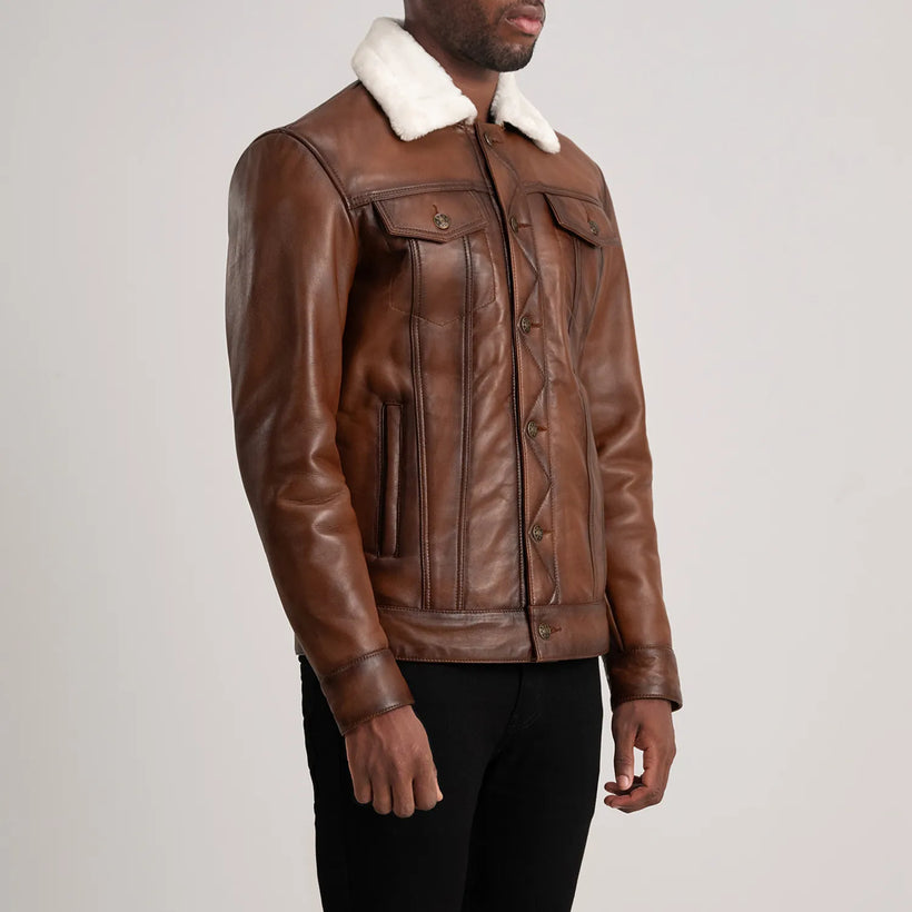 Dallis Коричневая Leather Shearling Trucker Кожаная куртка мужская