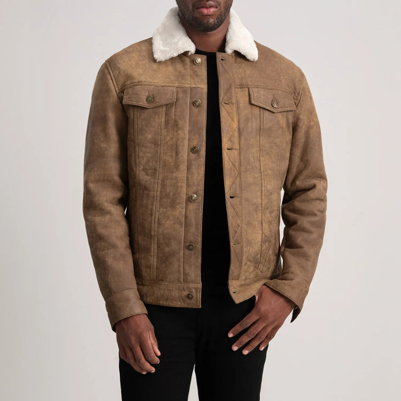 Dallis Distressed Коричневая Leather Shearling Trucker Кожаная куртка мужская