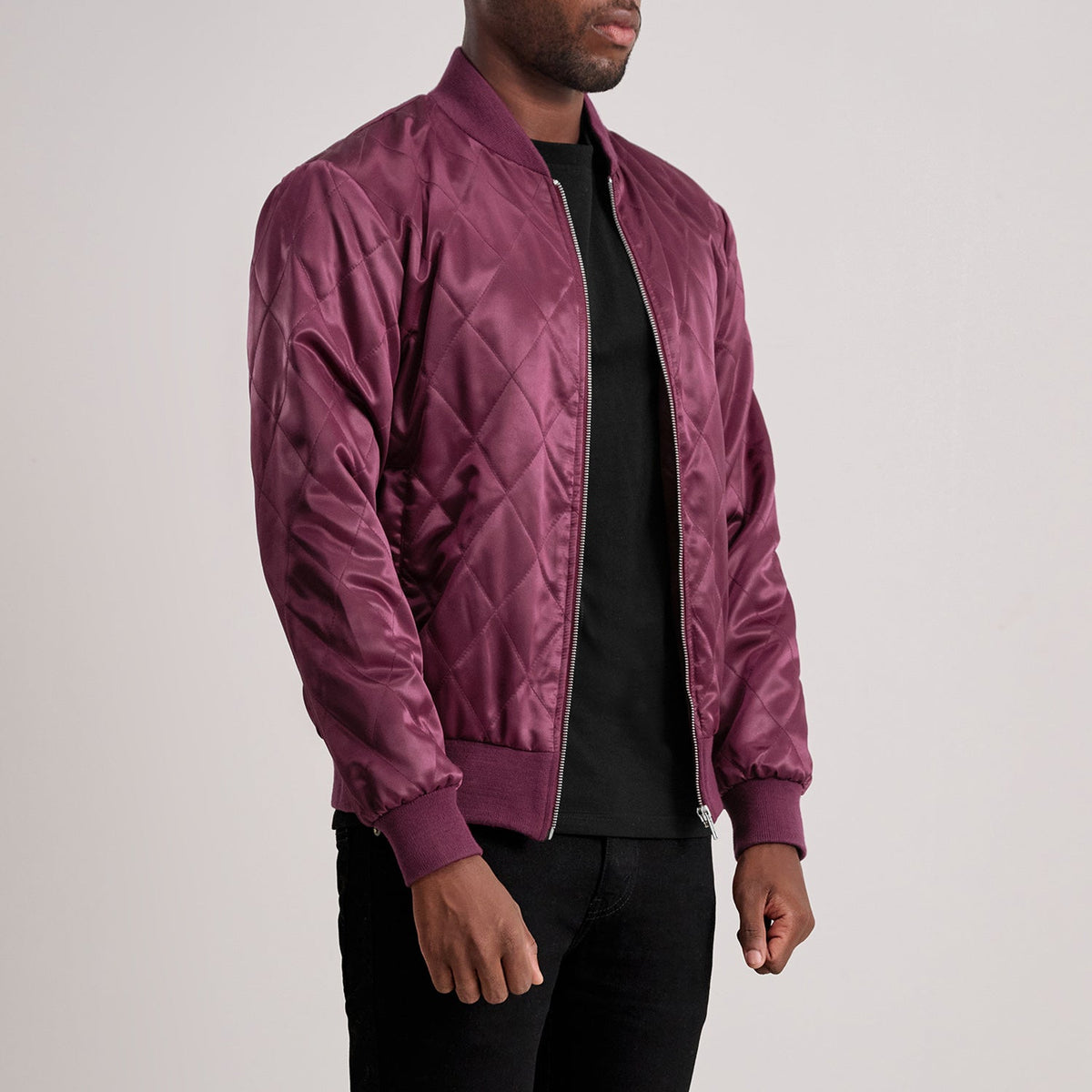 Maroon Satin Aviator Jacket - Back View Showing Tailored Shoulder Fit &amp; Clean Hemline