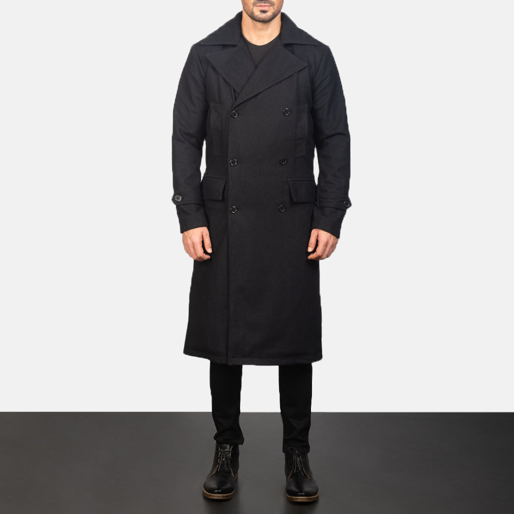 
Крупный план деталей of Notch & Button Hardware on Detective Черный Wool Кожаное пальто для Мужчин