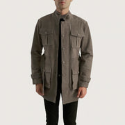 Dolf Grey Suede Jacket in Grey Cowhide Suede - Front Profile View &amp; Tailored Silhouette | Buy Online