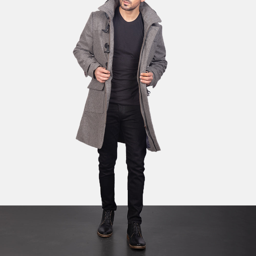 Men's Grey Wool Duffle Coat in Grey Synthetic Wool - Front Profile View &amp; Tailored Silhouette | Buy Online