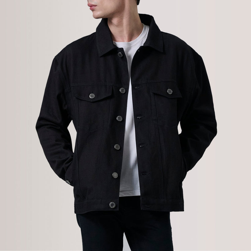 Eddie Черный Oversized Denim Trucker Кожаная куртка для Мужчин