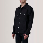 Eddie Black Oversized Denim Trucker Jacket For Men - Lateral Side Profile View Showing Sleeve Cut &amp; Athletic Taper Fit
