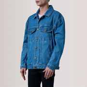 
Eddie Dark Синий Oversized Denim Trucker Кожаная куртка для Мужчин - Вид сбоку, демонстрирующий эргономичный крой рукава