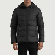 
Erico Черный Hooded Puffer Кожаная куртка для Мужчин в натуральной черной яловой коже - Вид спереди и приталенный силуэт | Купить в официальном онлайн-магазине