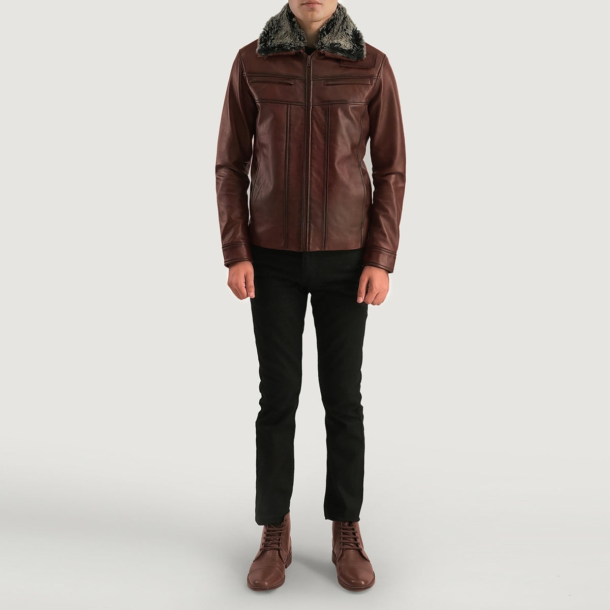 Close-Up Detail of Shirt &amp; Zipper Hardware on Men's Evan Hart Fur Brown Leather Jacket