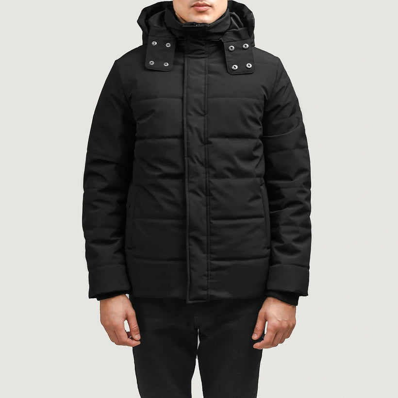 Exton Черный Hooded Down Puffer Кожаная куртка для Мужчин