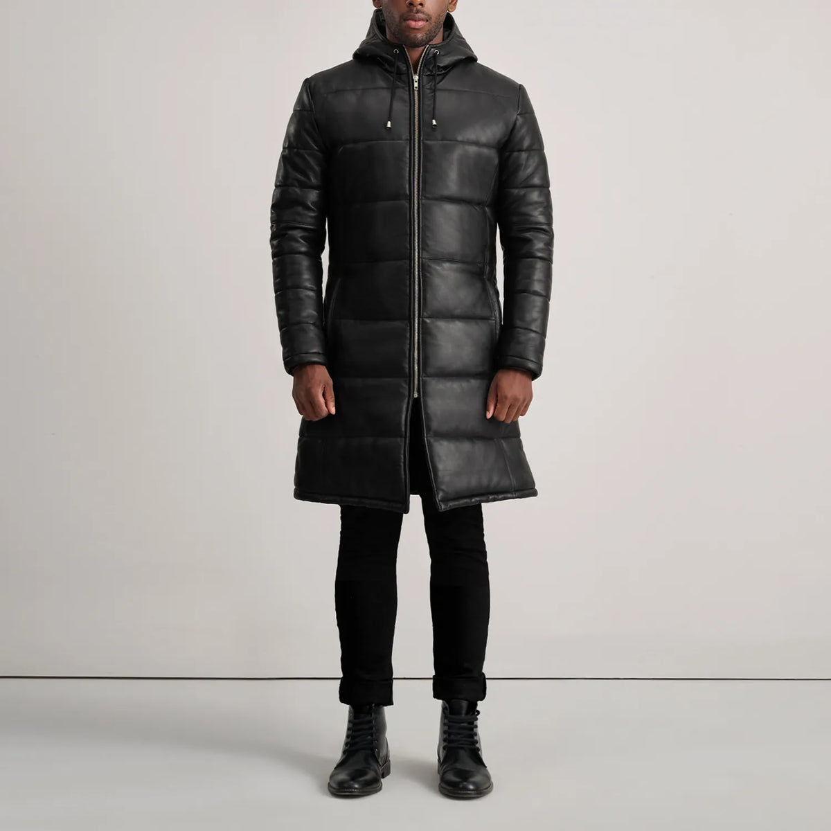 
Floyd Tan Hooded Leather Puffer Coat - Вид сбоку, демонстрирующий эргономичный крой рукава