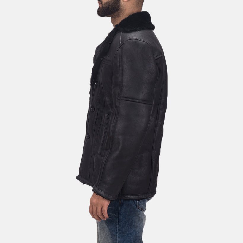 Black Shearling Leather (Double Face) Aviator Jacket - Back View Showing Tailored Shoulder Fit & Clean Hemline