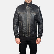 Glen Street Black Leather Bomber Jacket in Black Cowhide Leather - Front Profile View &amp; Tailored Silhouette | Buy Online