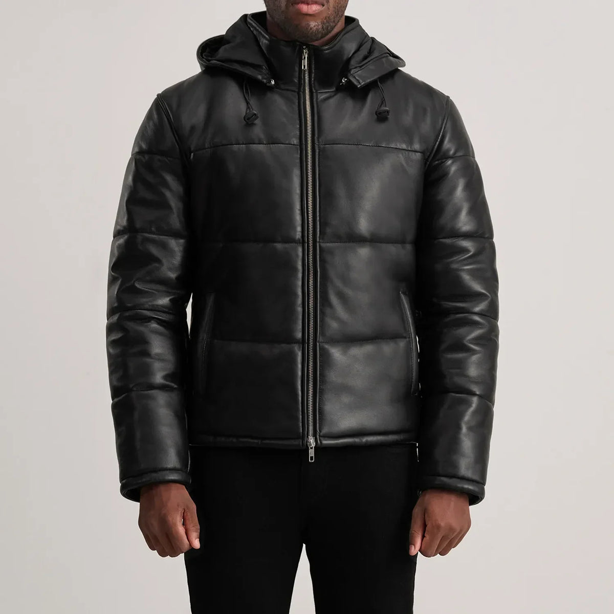 
Крупный план деталей of High neck & Zipper Hardware on Gordon Tan Hooded Leather Puffer Jacket